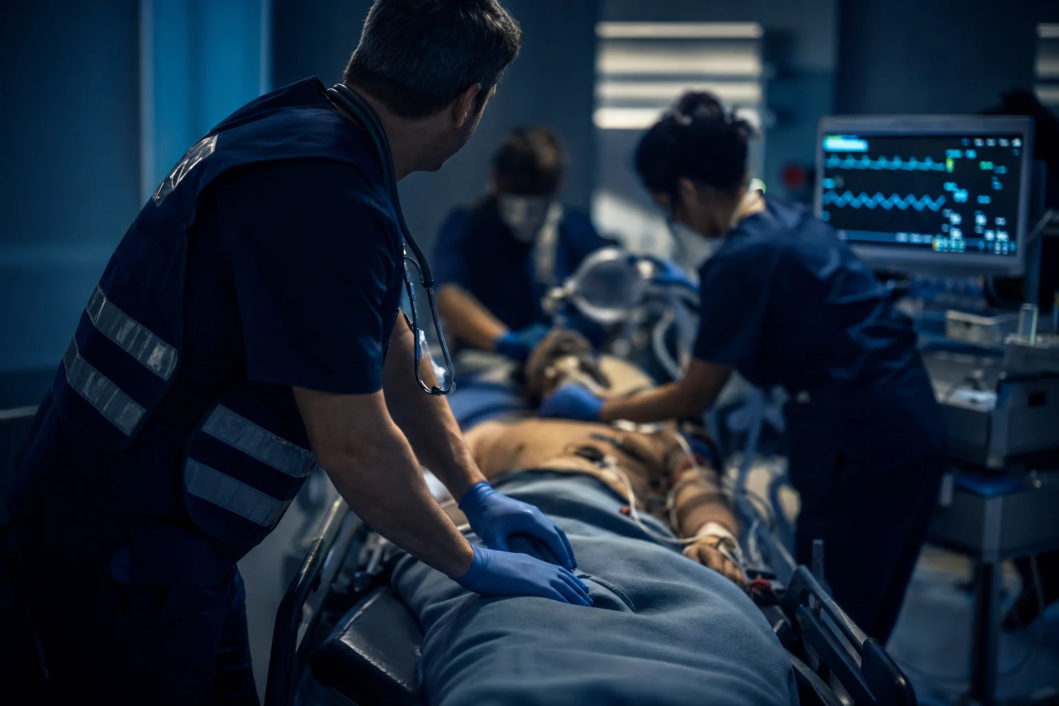 Emergency team assessing a deteriorating patient using the ABCDE structured approach at the bedside