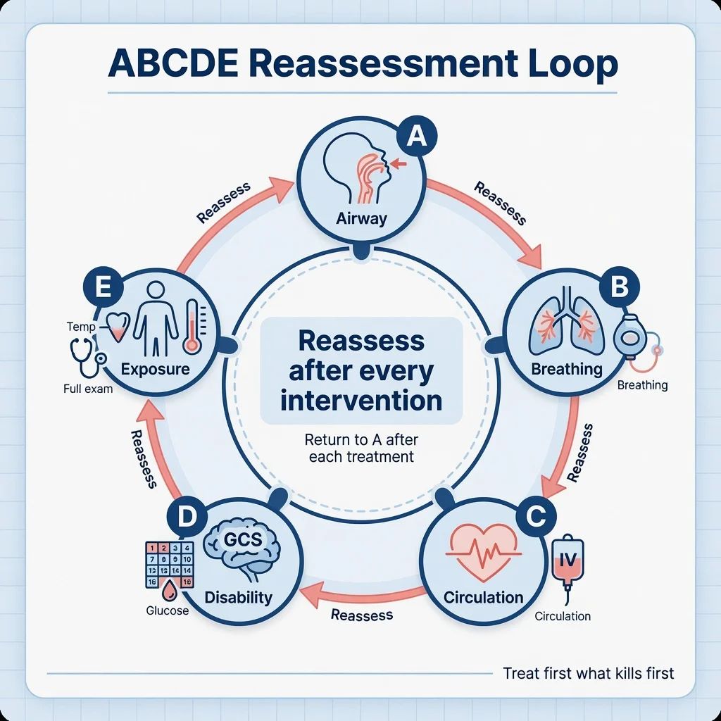 ABCDE reassessment loop diagram showing continuous re-evaluation of airway, breathing, circulation, disability and exposure after each intervention