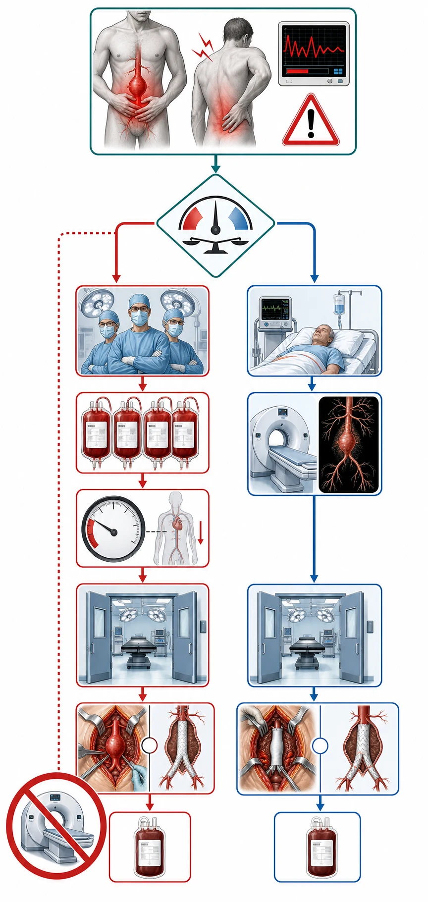 Resuscitation and repair pathway for ruptured AAA: permissive hypotension, massive haemorrhage protocol, open repair versus EVAR