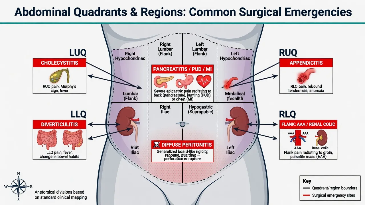 Educational abdominal quadrants diagram mapping common surgical emergencies including cholecystitis, appendicitis, diverticulitis, pancreatitis, AAA and peritonitis