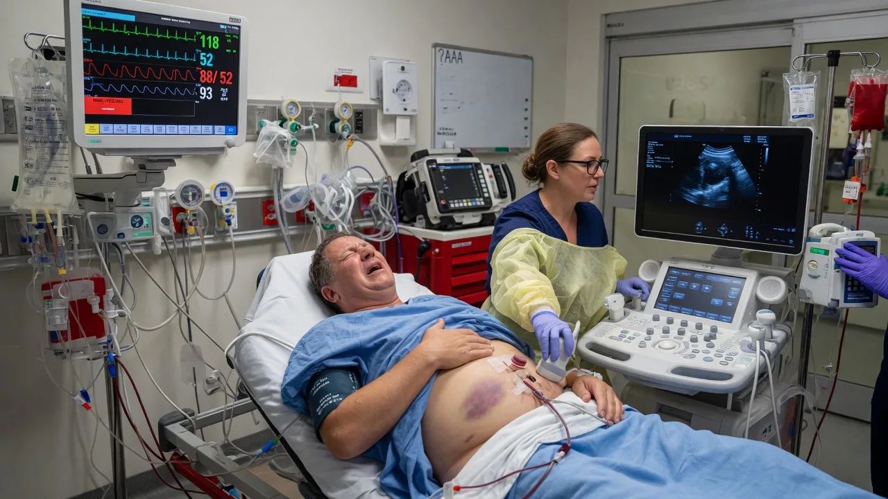 A resuscitation bay with a patient holding the abdomen, a monitor showing the vital signs, and an ultrasound machine beside the bed