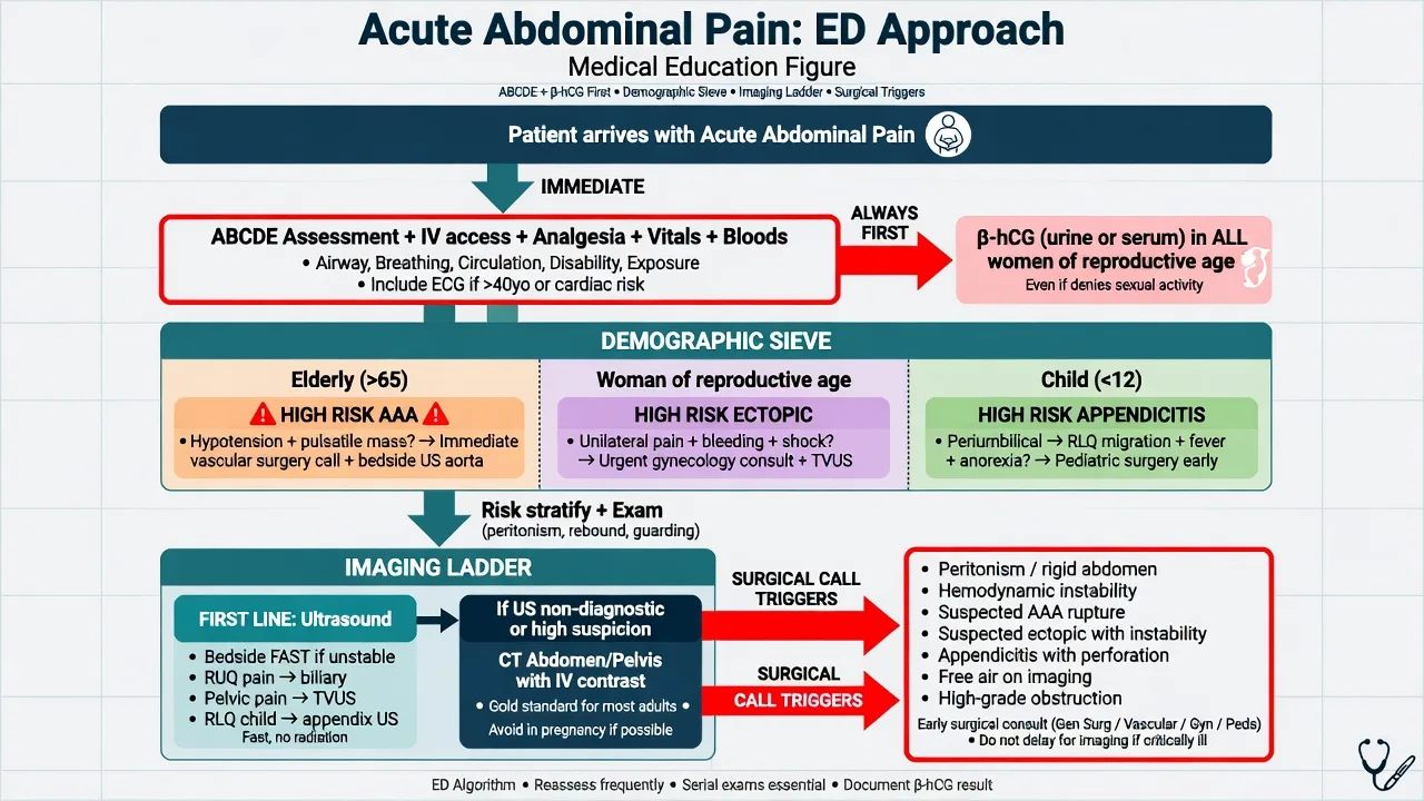 Educational ED approach flowchart for acute abdominal pain with ABCDE, beta-hCG, demographic sieve, ultrasound then CT imaging ladder and surgical call triggers