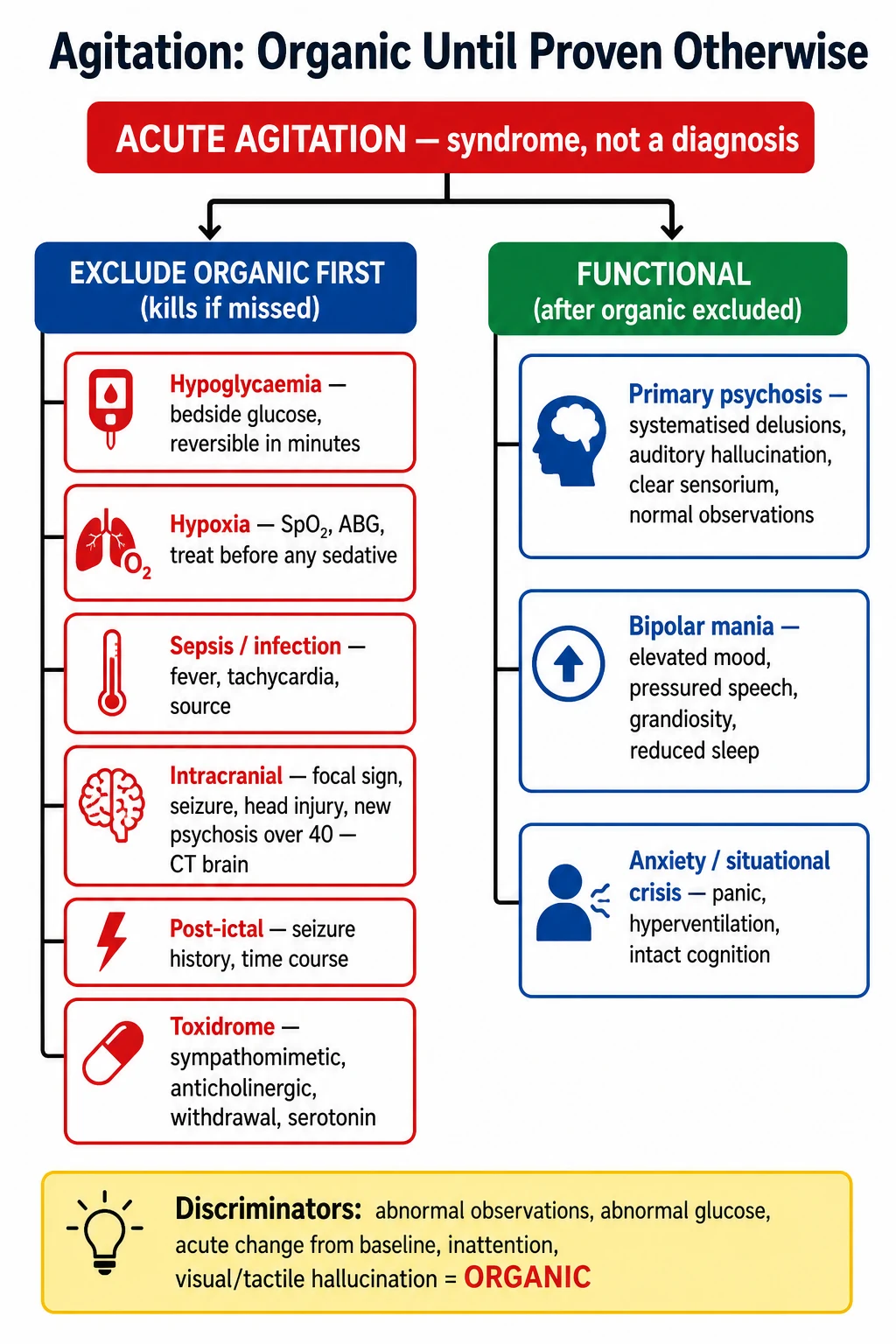 Differential diagnosis infographic for acute agitation: organic causes to exclude first (hypoglycaemia, hypoxia, sepsis, intracranial, post-ictal, toxidrome) versus functional causes (primary psychosis, bipolar mania, anxiety), with bedside discriminators