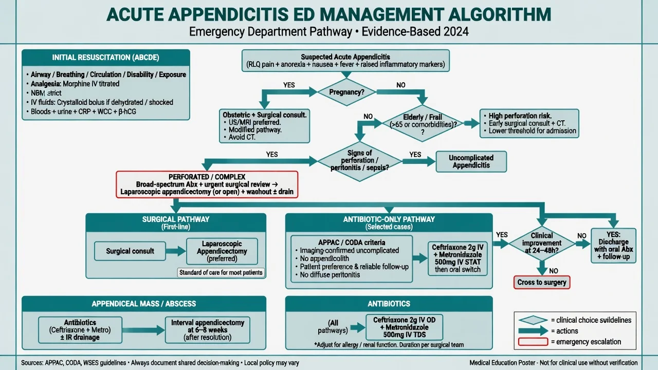 ED management algorithm for acute appendicitis including antibiotics, laparoscopic appendicectomy and antibiotics-first caveats