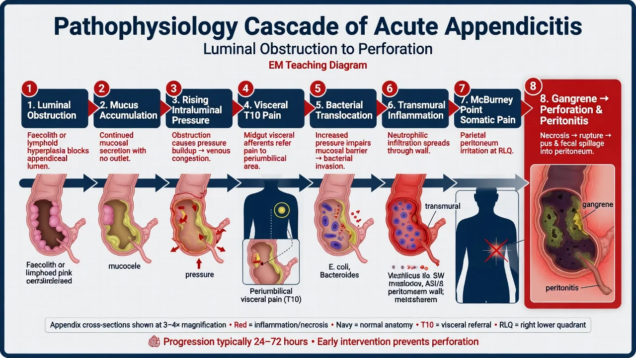 Pathophysiology cascade from luminal obstruction to perforation in acute appendicitis