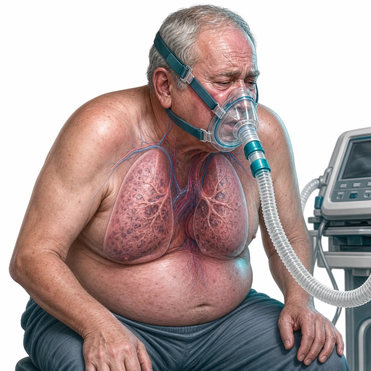 A breathless patient on a Venturi mask and BiPAP in a resuscitation bay