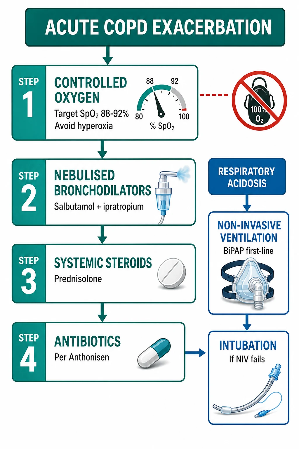 Four pillars of COPD exacerbation management and early BiPAP pathway for respiratory acidosis