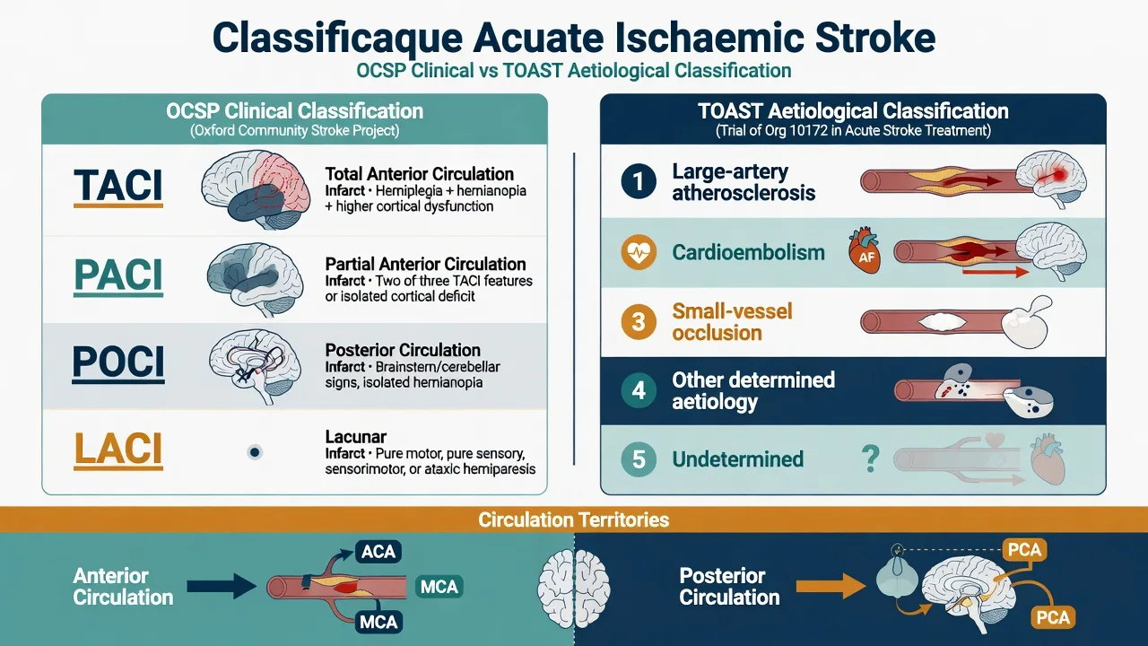 Educational diagram comparing OCSP clinical classification (TACI, PACI, POCI, LACI) with TOAST aetiological classification of acute ischaemic stroke