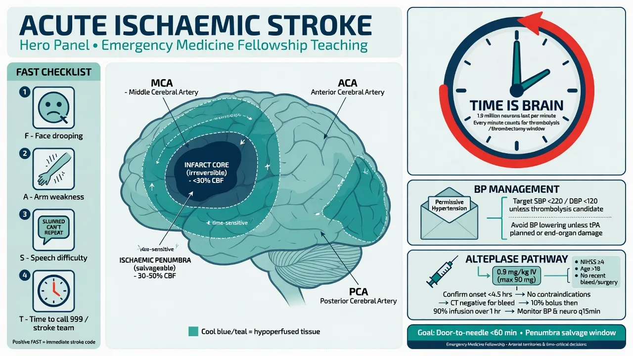 A non-contrast CT head with a hyperdense middle cerebral artery sign beside a FAST assessment