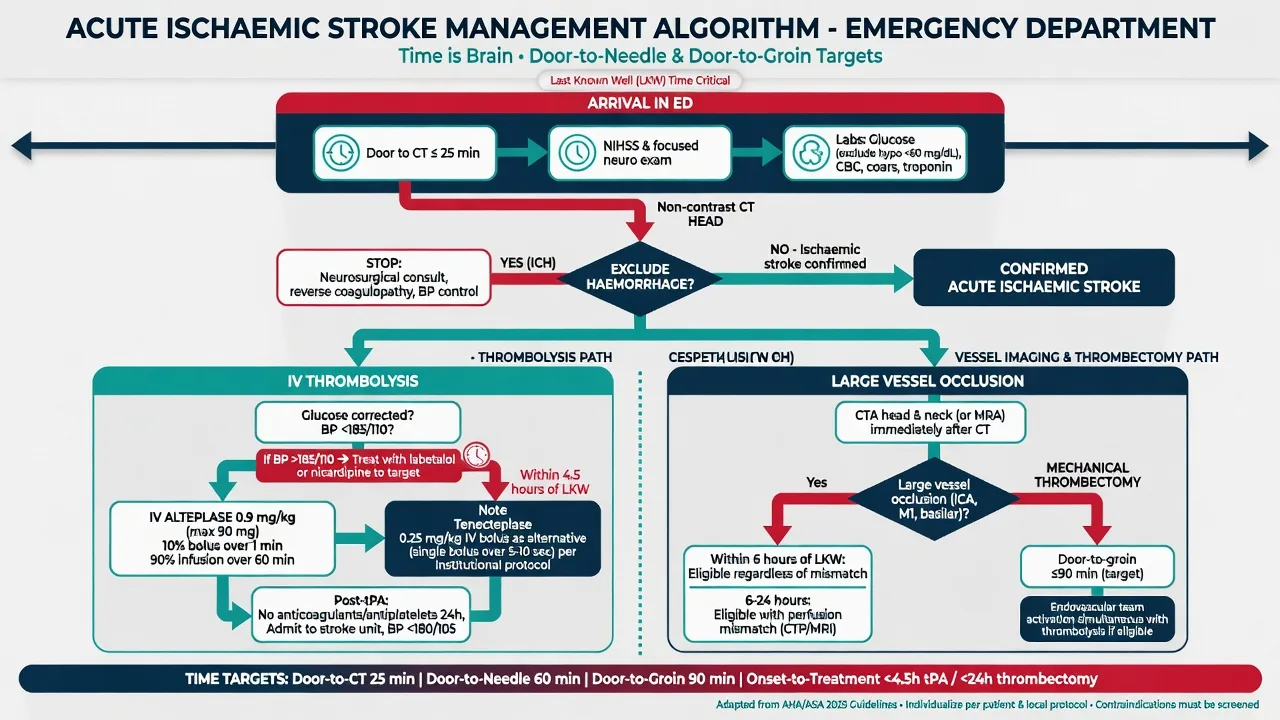 Educational ED management algorithm for acute ischaemic stroke showing door-to-CT, thrombolysis and thrombectomy pathways with time targets