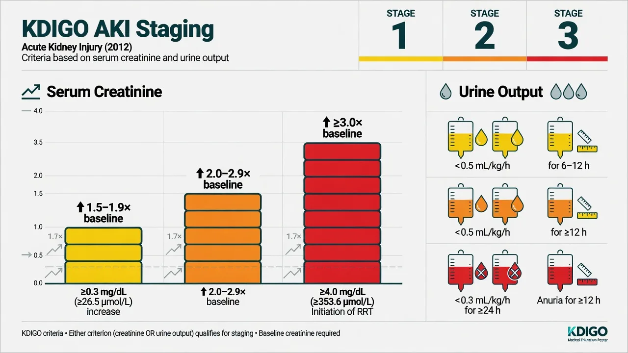 Educational KDIGO staging table graphic for AKI stages 1 to 3 by creatinine and urine output