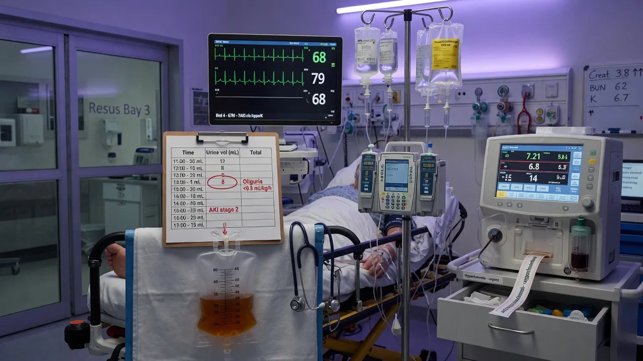 A urine output chart and a creatinine trend with a nephrology referral note at the bedside