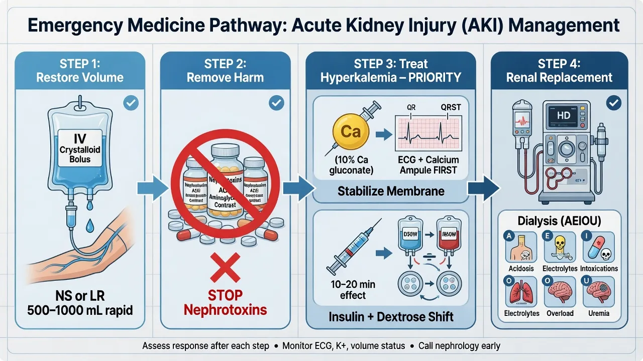 Educational ED management ladder for AKI: fluid challenge, stop nephrotoxins, hyperkalaemia calcium-first sequence and AEIOU dialysis triggers