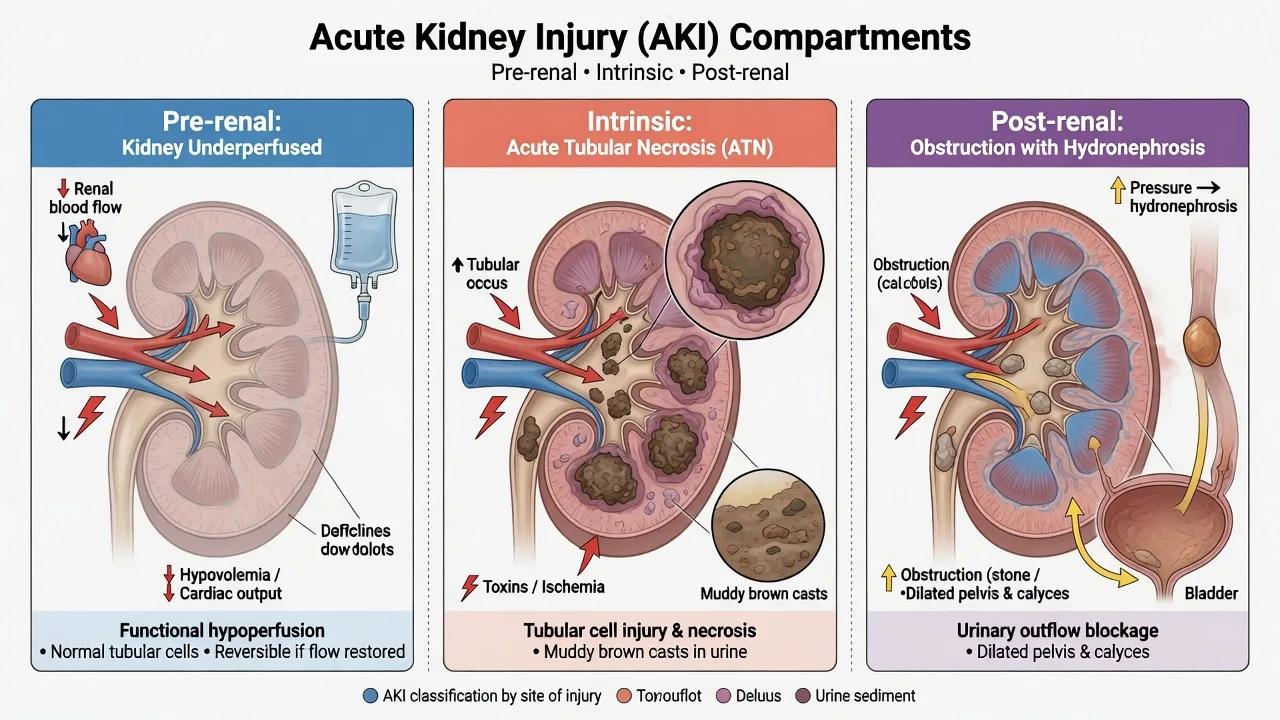 Educational diagram of pre-renal hypoperfusion, intrinsic tubular injury with muddy brown casts and post-renal obstruction with hydronephrosis