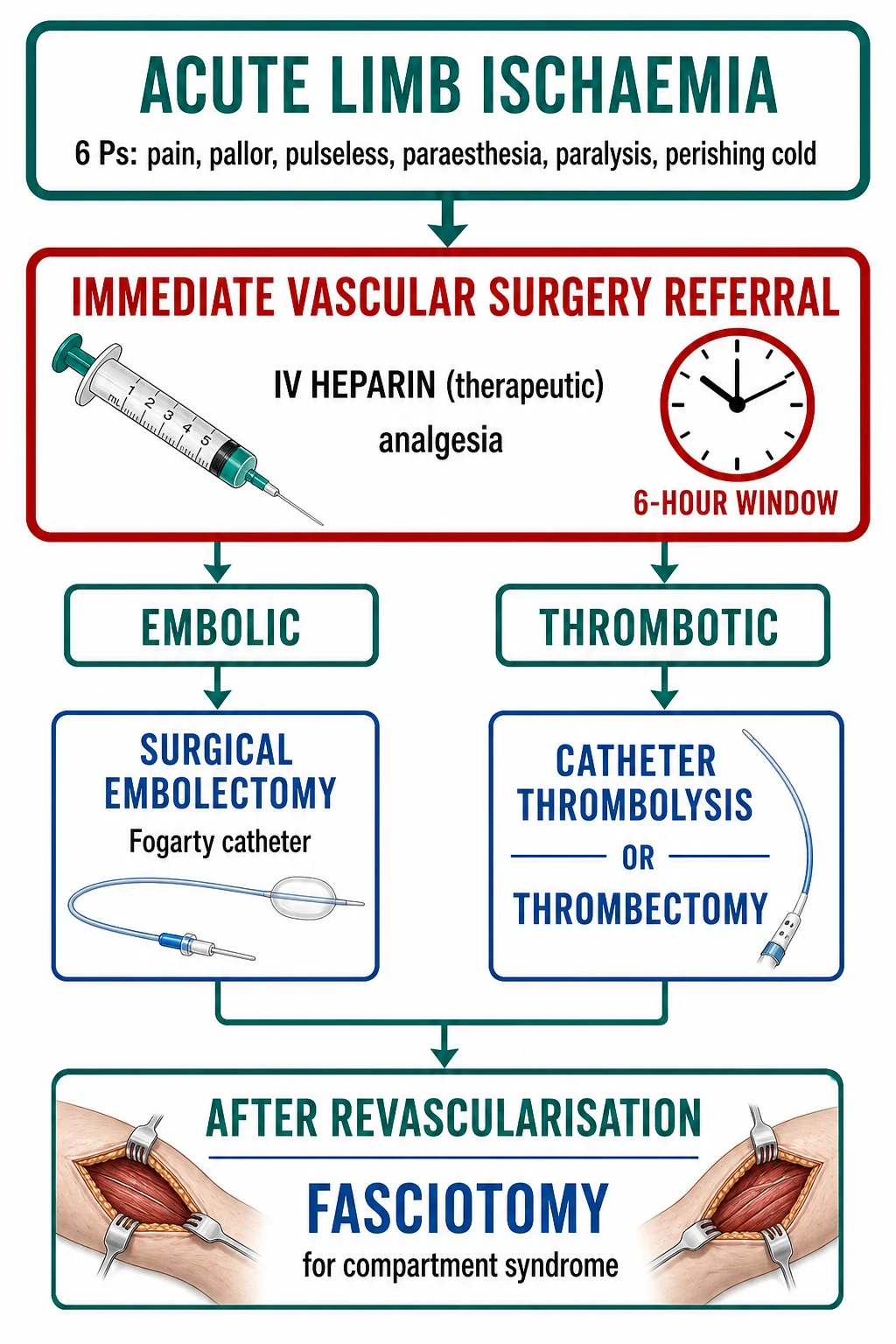 Educational ED management ladder for acute limb ischaemia: heparin first, vascular call, Fogarty versus thrombolysis, fasciotomy