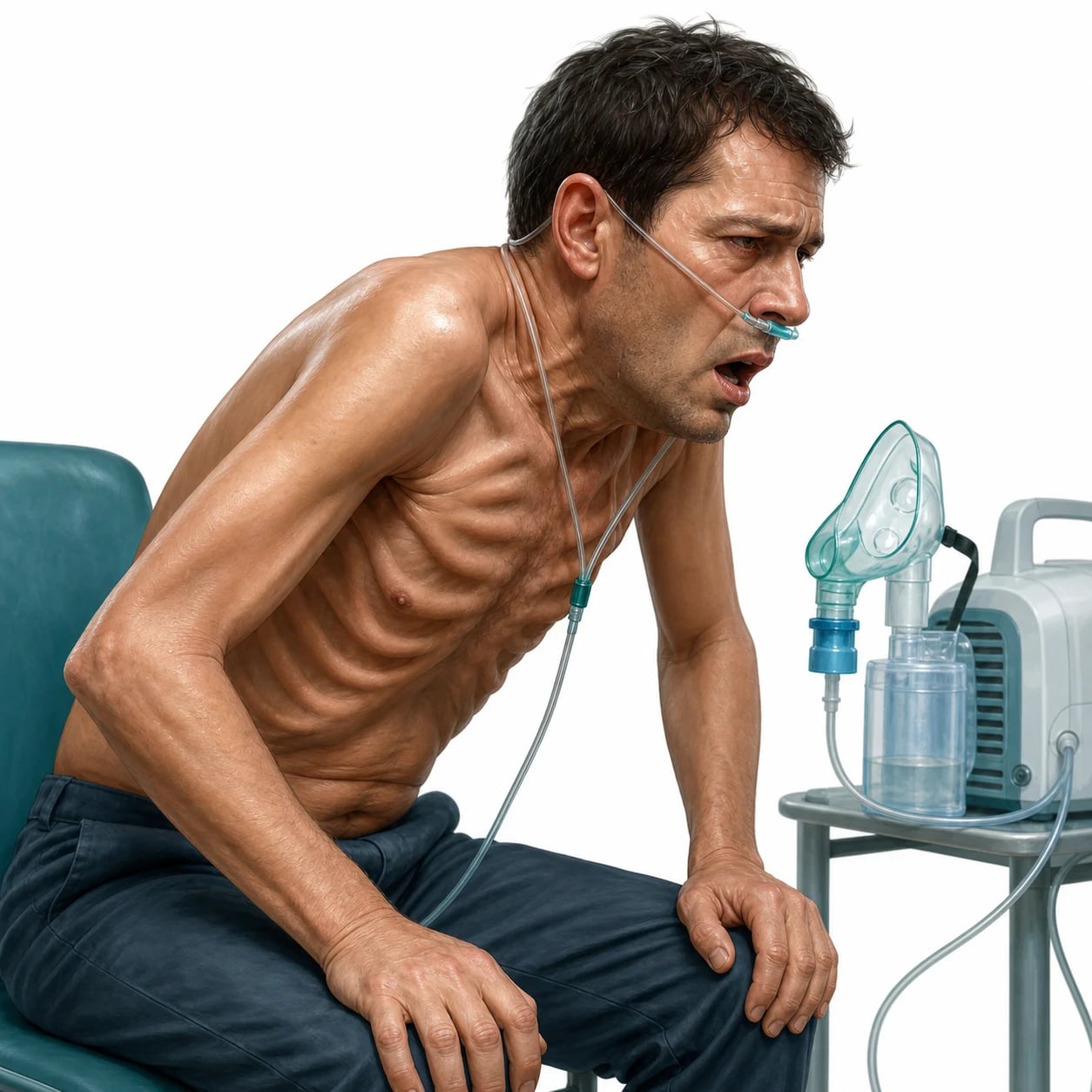 A breathless patient receiving oxygen-driven nebulised salbutamol in a resuscitation bay