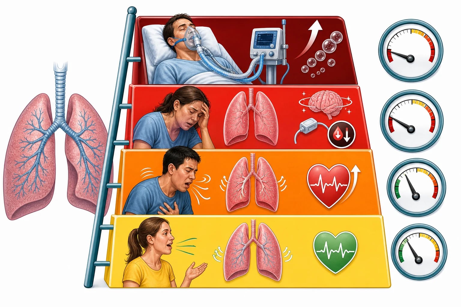 Severity grading of acute asthma: moderate, acute severe, life-threatening and near-fatal with PaCO2 alarm