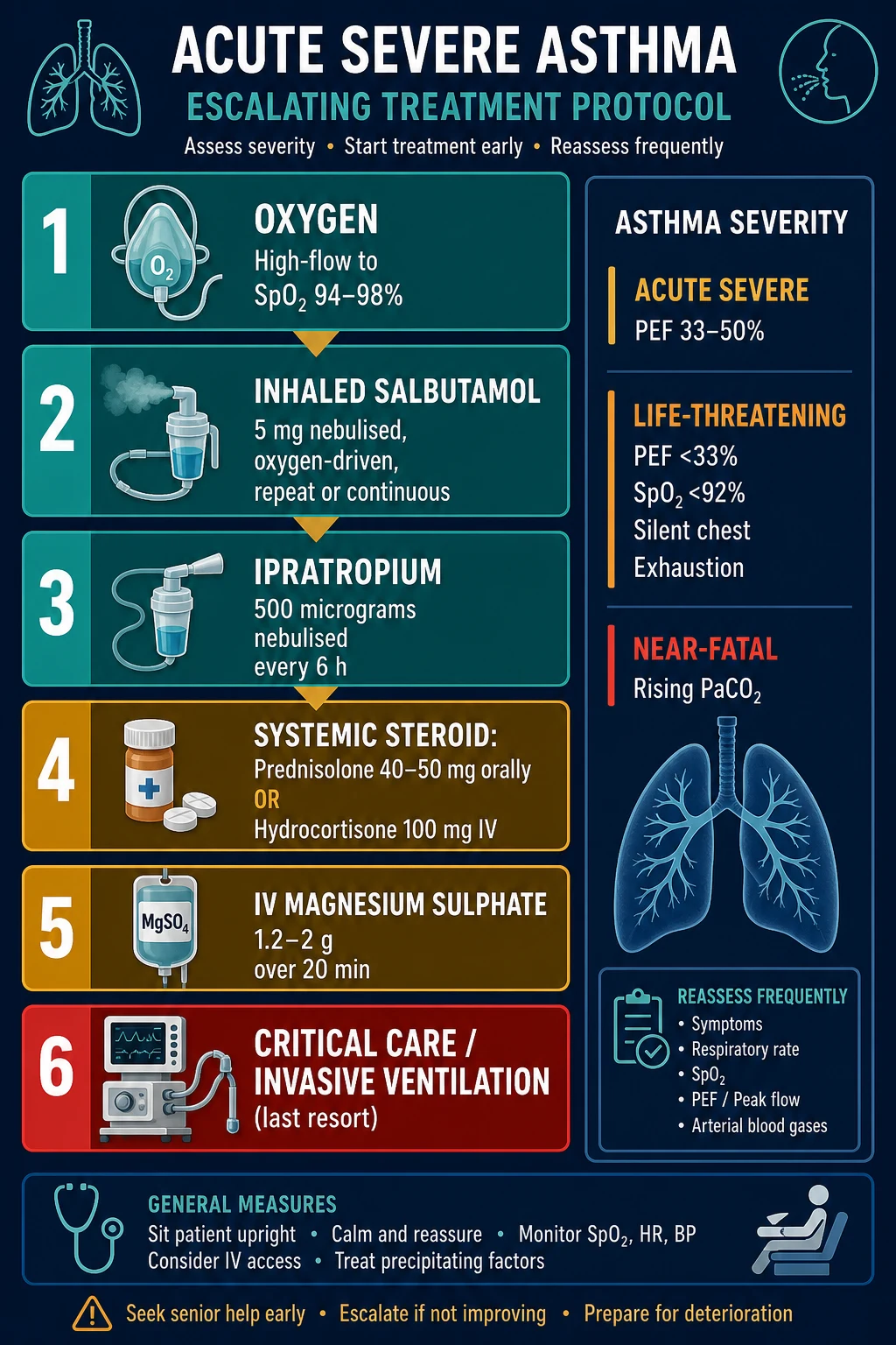 Escalating therapy ladder for acute severe asthma with doses and severity thresholds