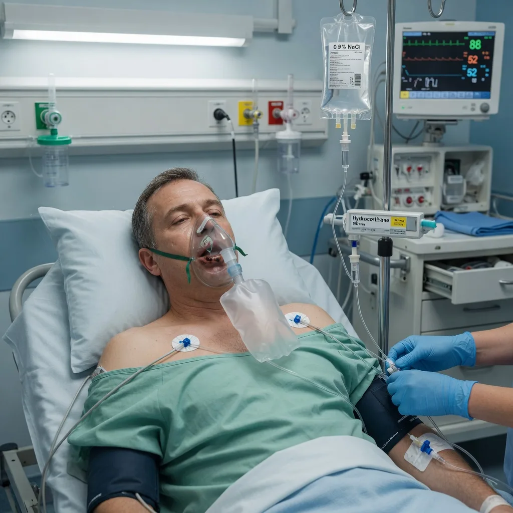 A shocked patient with buccal hyperpigmentation receiving intravenous hydrocortisone and fluids