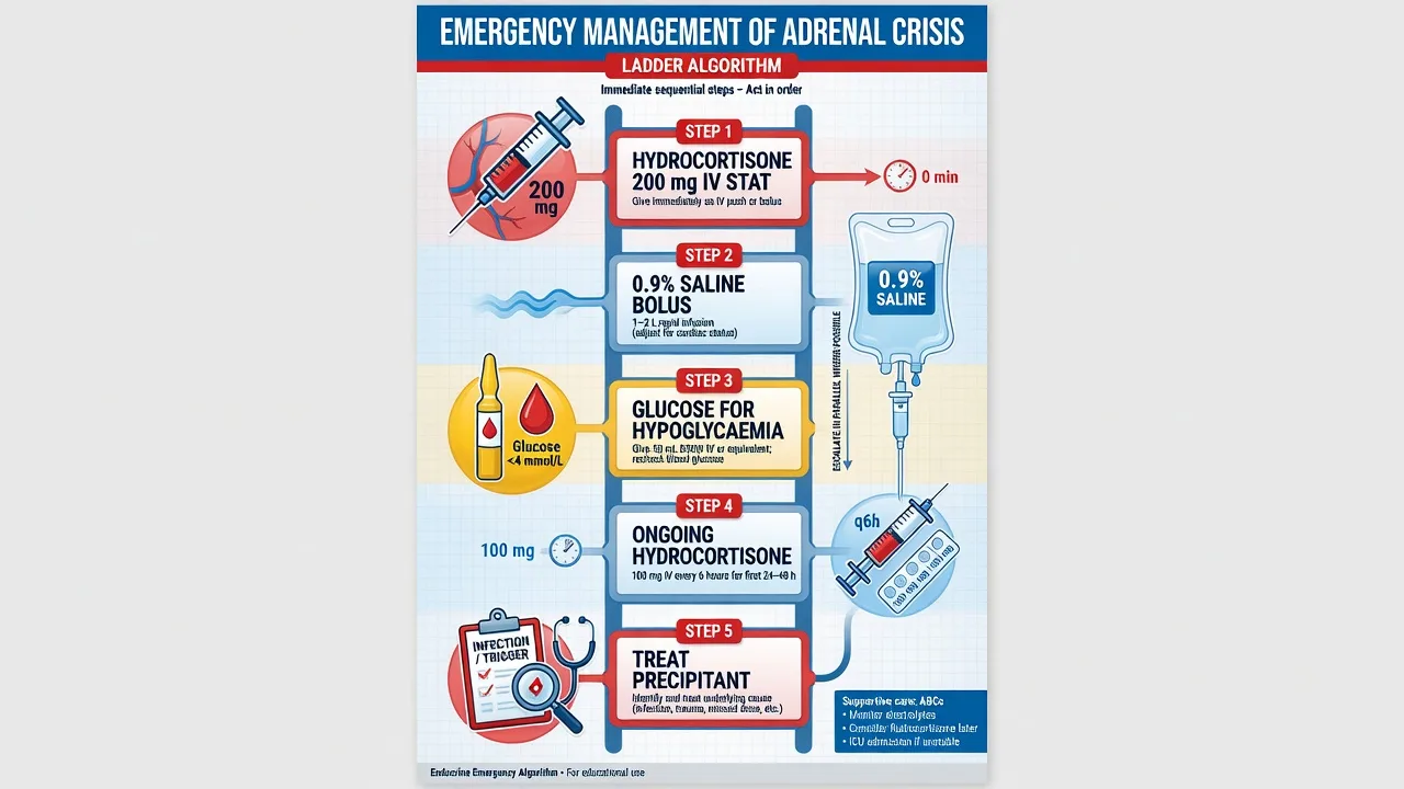 Emergency treatment ladder for adrenal crisis with hydrocortisone 200 mg IV and saline