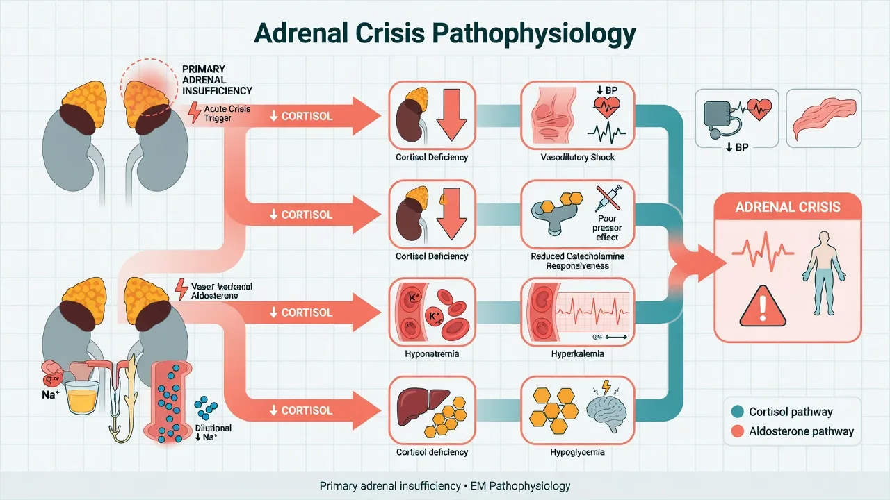 Diagram of cortisol deficiency causing vasodilatory shock, hyponatraemia, hyperkalaemia and hypoglycaemia