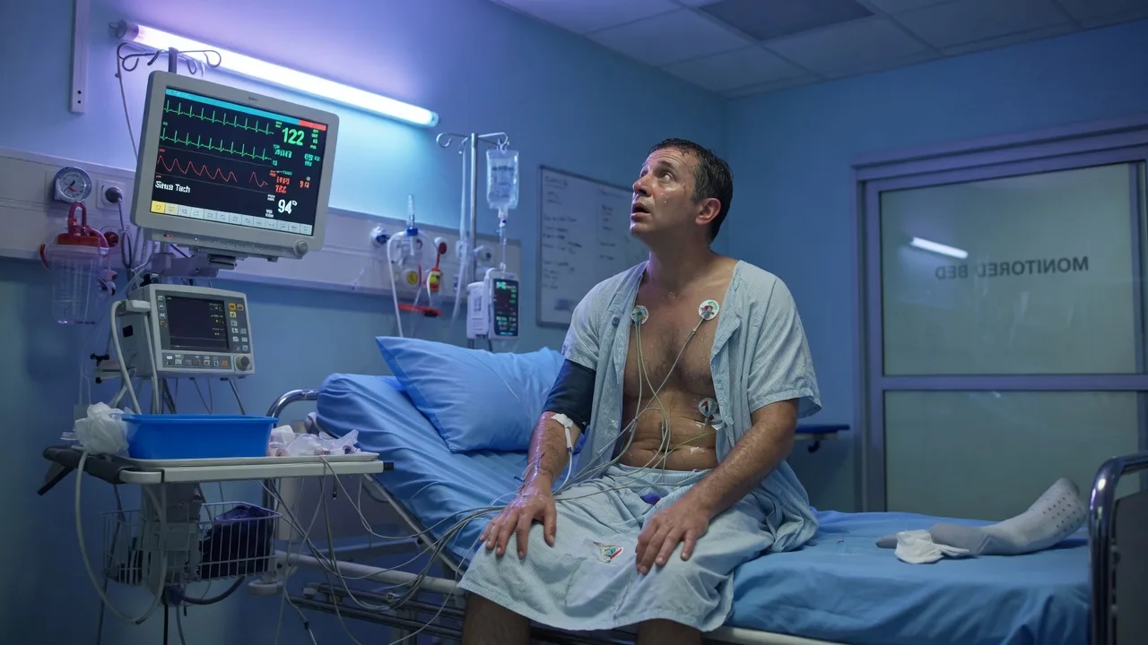 A diaphoretic, tremulous, agitated middle-aged man in a monitored emergency department bay, looking toward an unseen corner as if hallucinating, with a cardiac monitor showing a rapid heart rate