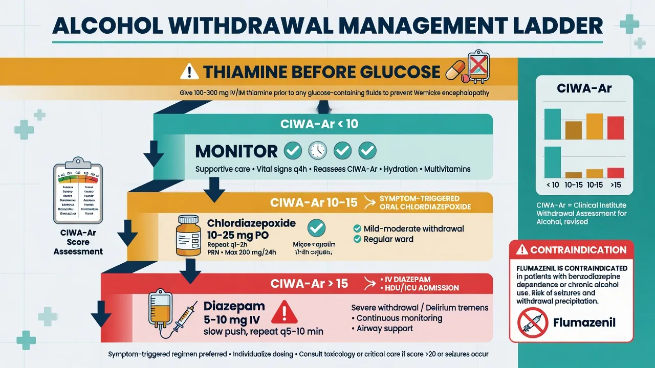 Flowchart of severity-stratified benzodiazepine management of alcohol withdrawal branching by CIWA-Ar score, with the thiamine-before-glucose banner and the flumazenil contraindication warning