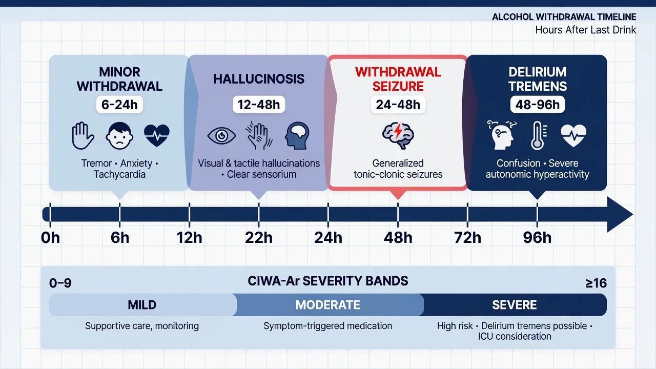 Horizontal timeline of the four stages of alcohol withdrawal — minor withdrawal, hallucinosis, withdrawal seizure, delirium tremens — against hours since last drink, with CIWA-Ar severity bands below