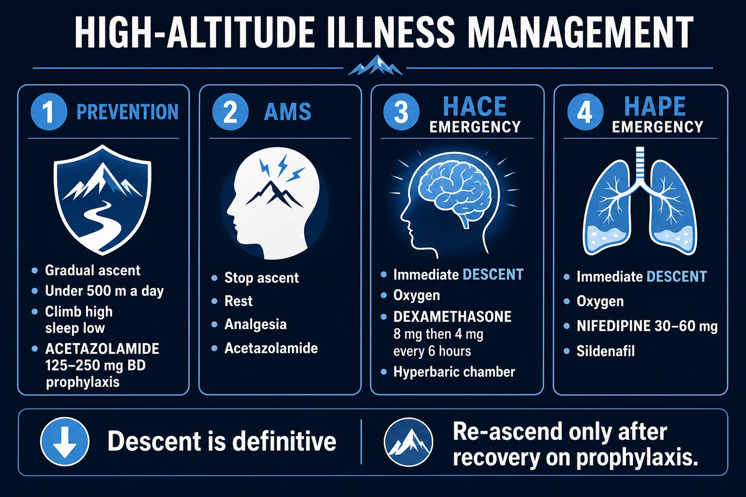 Management of altitude illness with descent oxygen and drugs