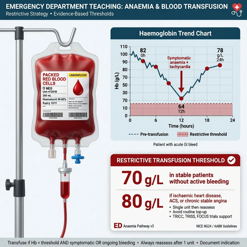 A unit of packed red cells hanging beside a haemoglobin trend and a restrictive transfusion threshold chart