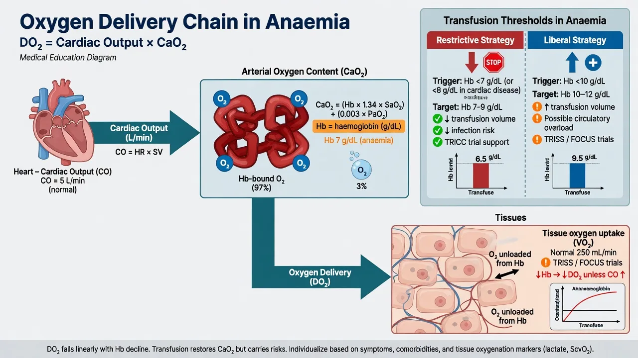 Educational diagram of oxygen delivery chain haemoglobin cardiac output and restrictive transfusion threshold