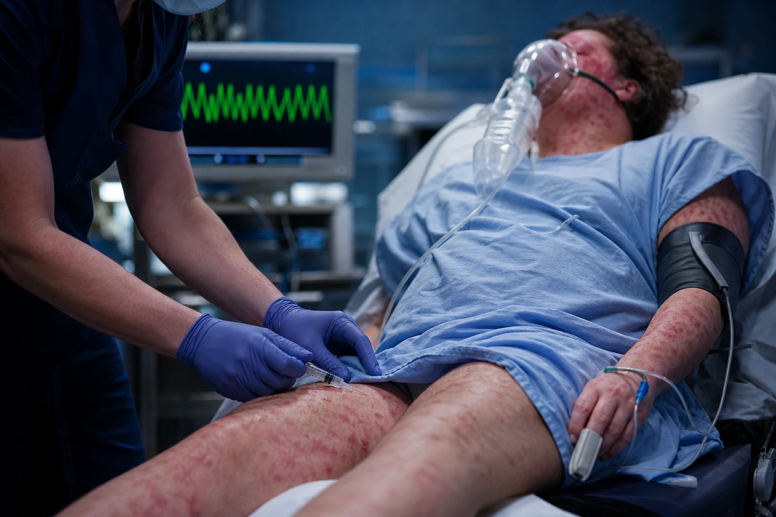 An anaphylaxis patient receiving IM adrenaline with urticaria and airway swelling