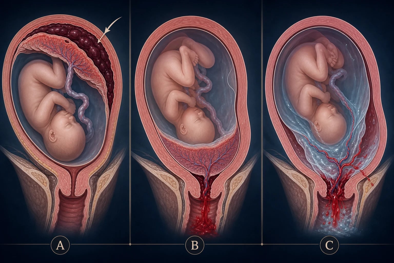 Diagram comparing placenta praevia, abruption and vasa praevia mechanisms of antepartum bleeding
