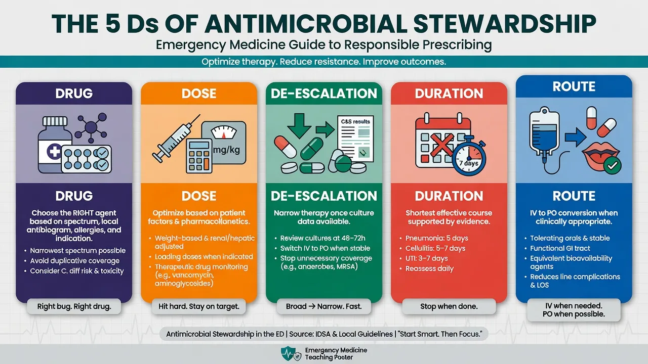 Educational four Ds antimicrobial stewardship framework drug dose de-escalation duration and route