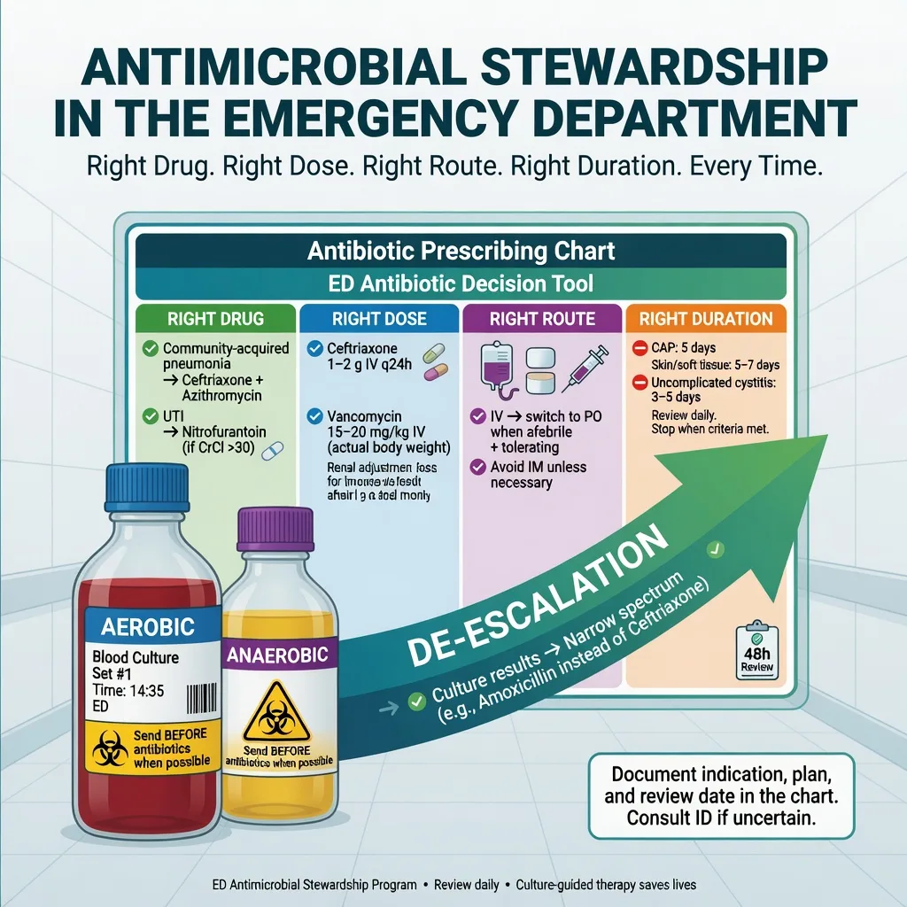 An antibiotic prescribing chart with the right drug, dose, route and duration highlighted