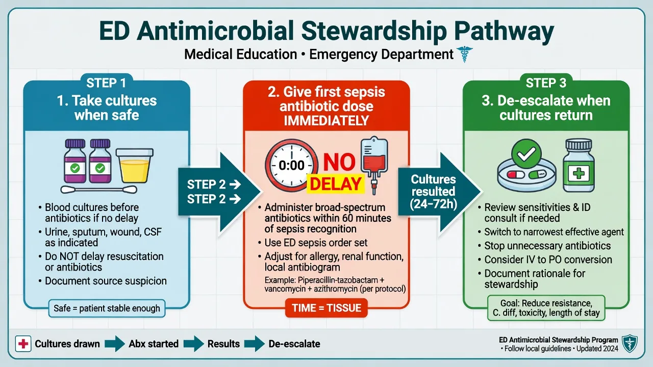 Educational ED stewardship pathway cultures when safe immediate sepsis antibiotics then de-escalation