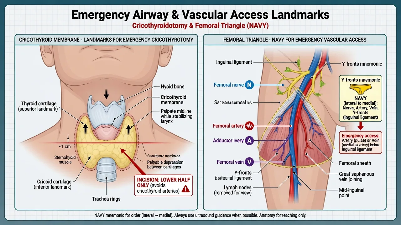 Educational labelled cricothyroid membrane and femoral NAVY vascular access landmarks for emergency procedures