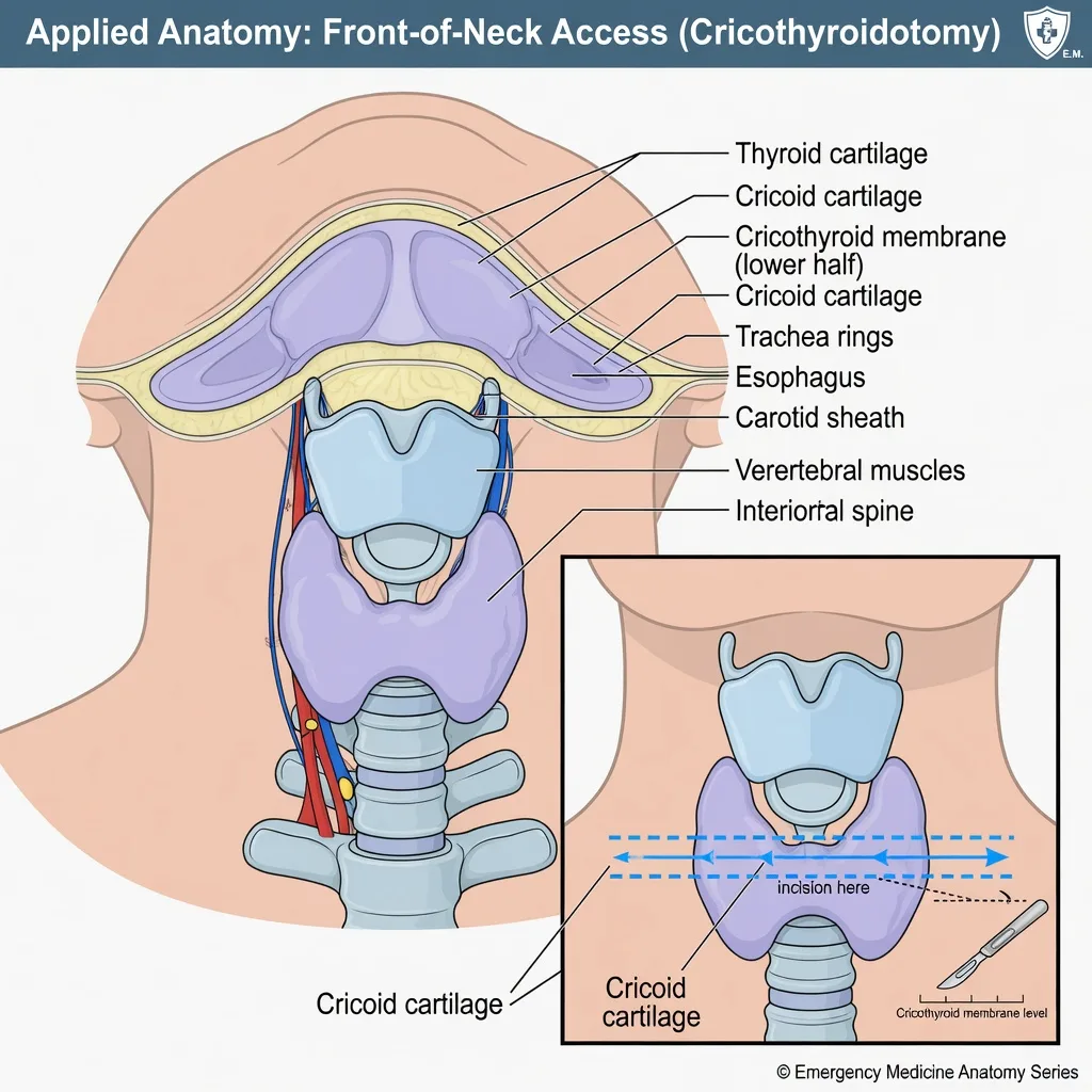 An anatomical cross-section of the neck at the cricothyroid membrane beside an airway rescue diagram