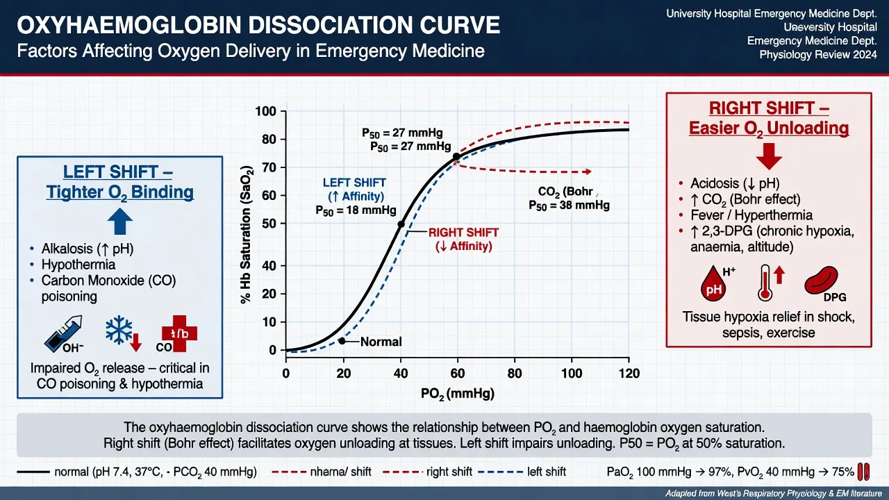 Educational oxyhaemoglobin dissociation curve with right and left shift factors for emergency physiology