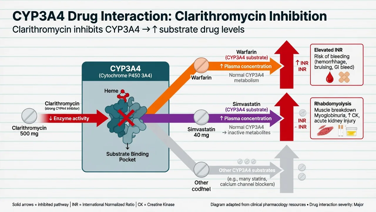 CYP3A4 inhibition by clarithromycin raising warfarin and simvastatin levels