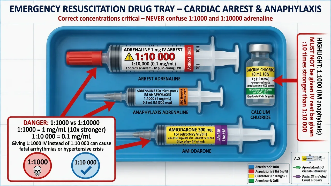 A resuscitation trolley with drawn-up syringes of adrenaline, amiodarone and calcium chloride