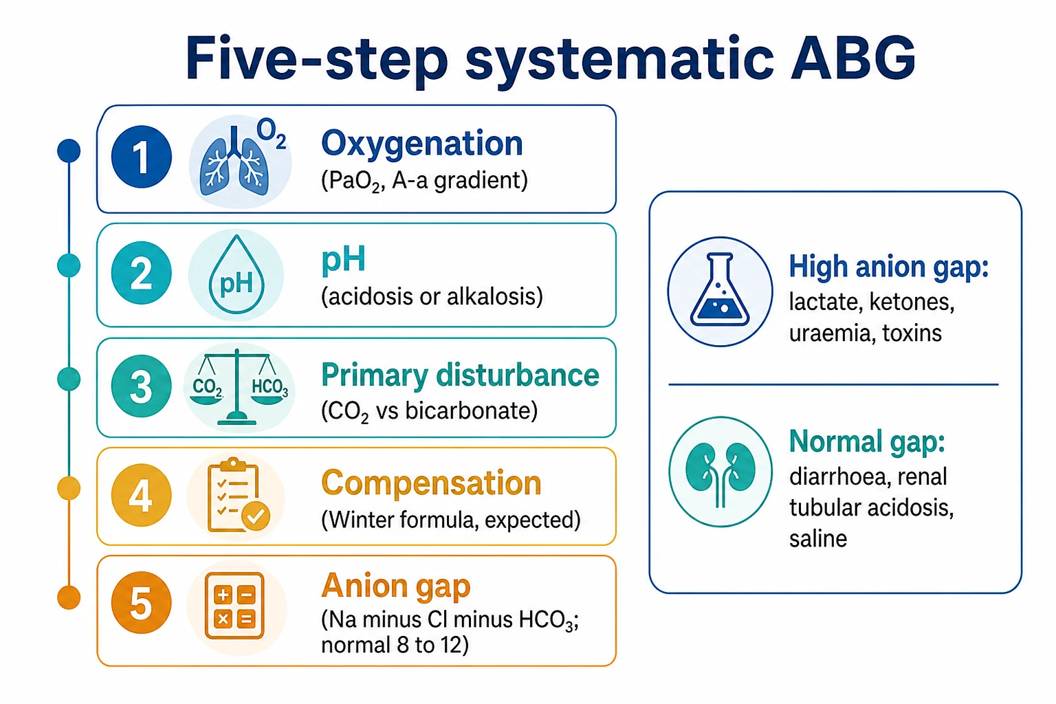 Five-step systematic arterial blood gas interpretation flowchart