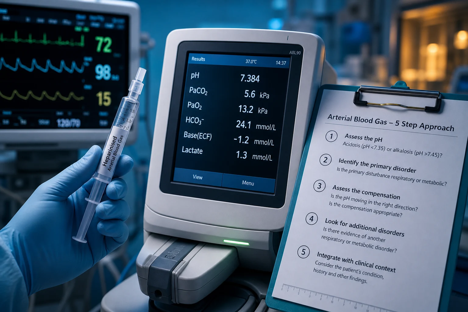 An arterial blood gas printout with the six key values annotated beside a systematic interpretation grid