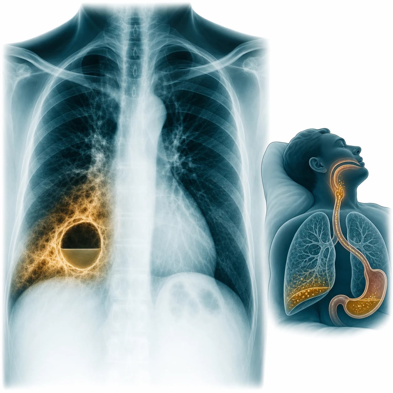 A chest radiograph showing a cavitating lung lesion with an air-fluid level