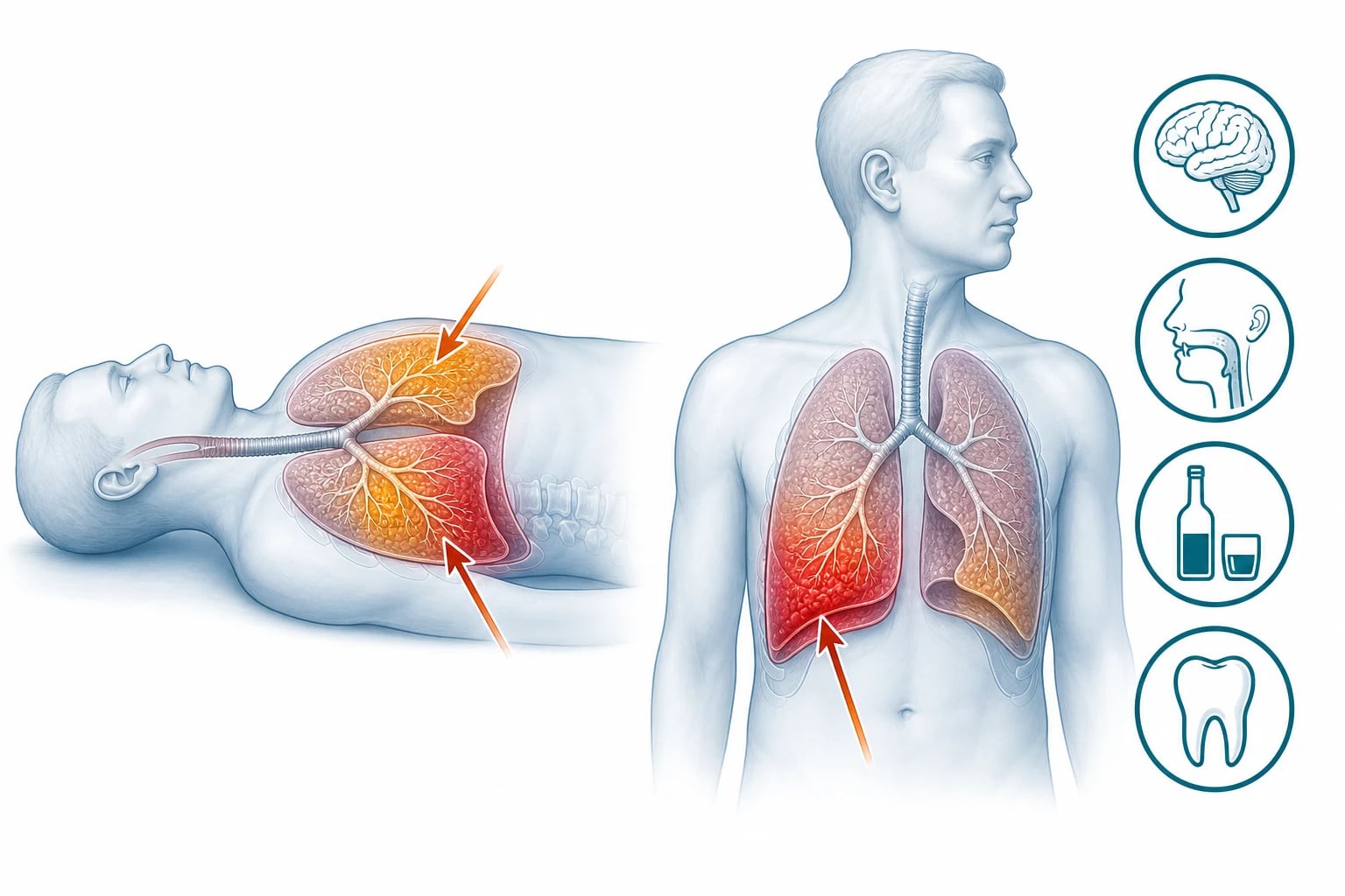 Educational diagram of aspiration to dependent lobes and progression from pneumonitis to abscess cavity