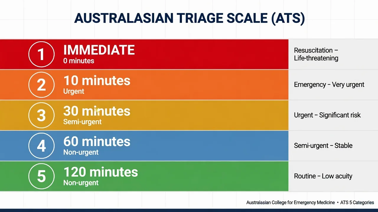 Table of Australasian Triage Scale categories 1 to 5 with maximum waiting times
