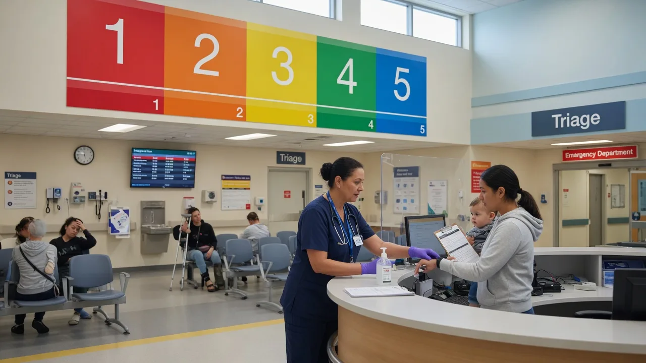 A triage desk in a busy emergency department with the five ATS categories displayed on the wall