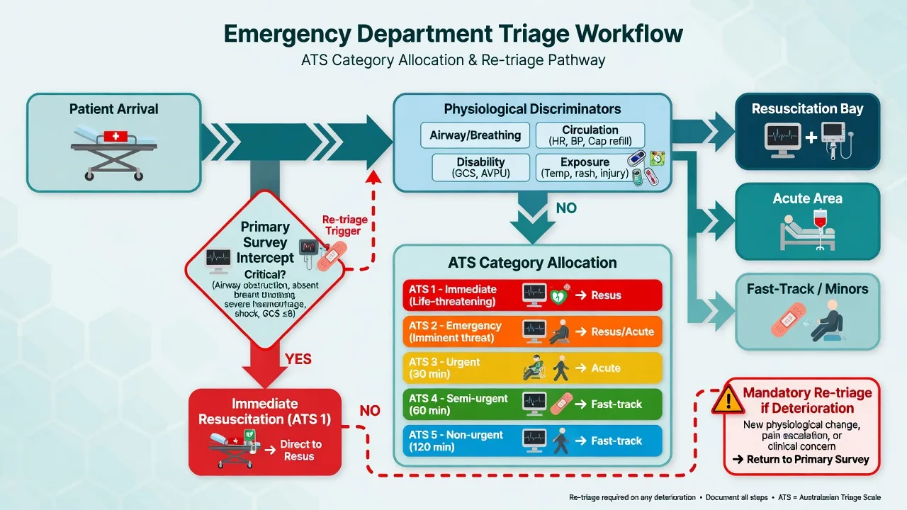 Flowchart of triage assessment, physiological discriminators, streaming and re-triage