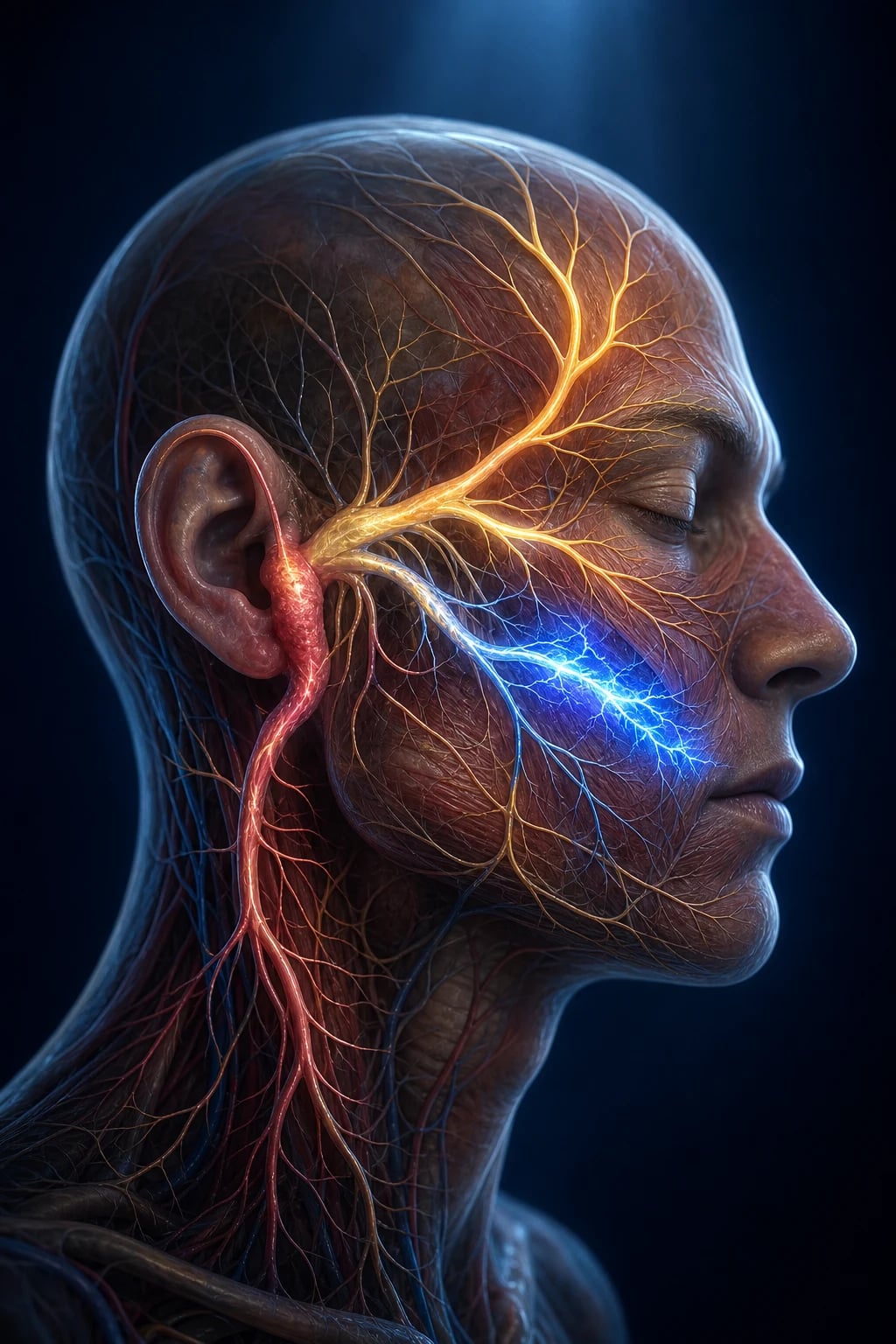 A patient with unilateral facial droop involving the forehead beside a cranial nerve examination