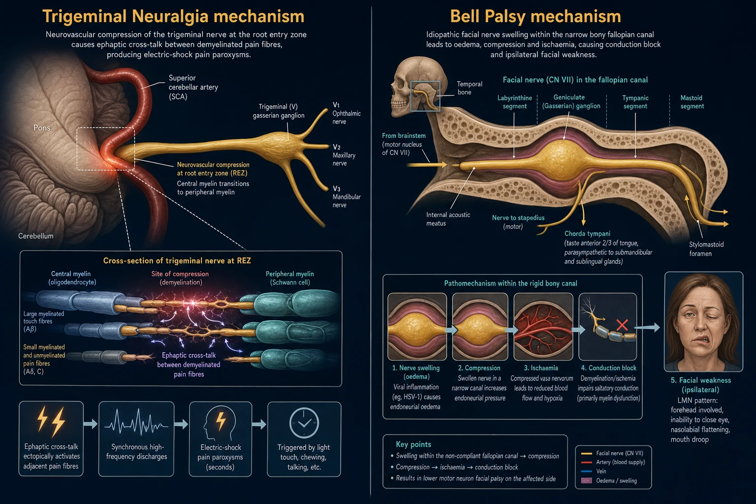 Pathophysiology of Bell palsy with facial nerve oedema in the fallopian canal